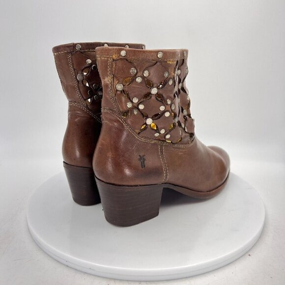 Frye Courtney Overlay Stud Women Size 6B Brown Cognac Leather Laser Cut Boot - Picture 5 of 15